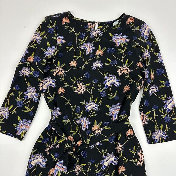 H&M Black Floral Sheath Dress Belt Tie Waist Keyhole Back High Neck Sz 4 Career - Picture 2 of 14